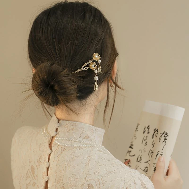 水月昙花汉服发簪头饰高级感时尚盘发神器簪子丸子头珍株发饰女