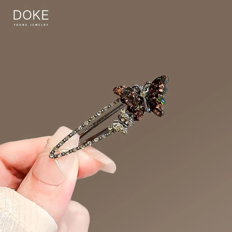 黑彩琉璃蝴蝶发夹女2024新款小众侧边夹刘海碎发夹子鸭嘴夹发卡