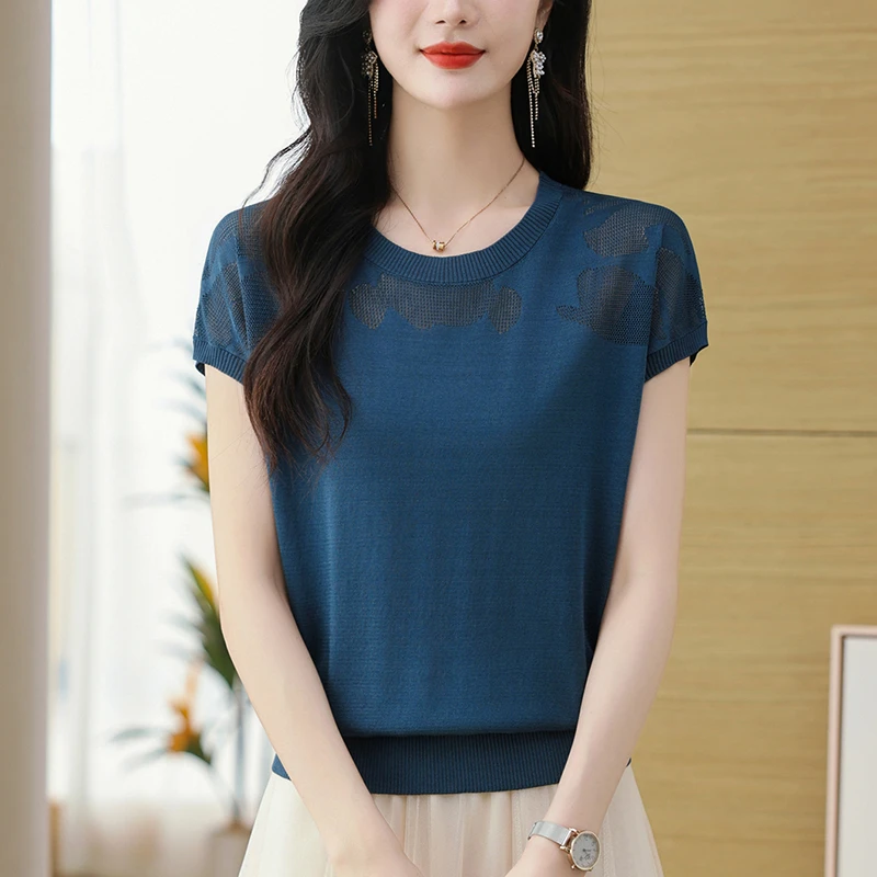 洋气高档妈妈装短袖女T恤宽松夏装百搭纯色镂空薄款针织 轻奢上衣
