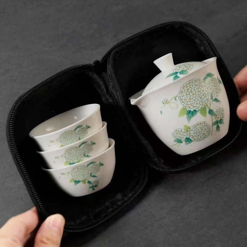 手绘绣球白瓷快客杯户外便携式旅行茶具一壶三杯带包TX022