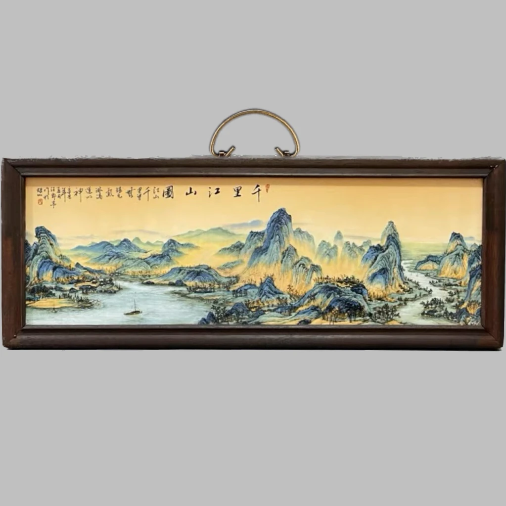 景德镇古玩收藏品实木框镶精品汪野亭粉彩千里江山山水瓷板画家