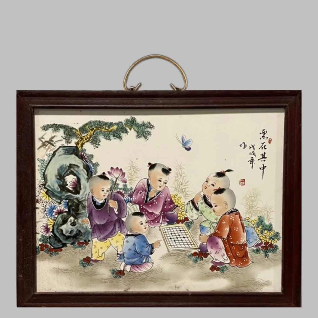 景德镇古玩收藏品陶瓷框镶精品放粉彩人物童子乐在其中精美瓷板画