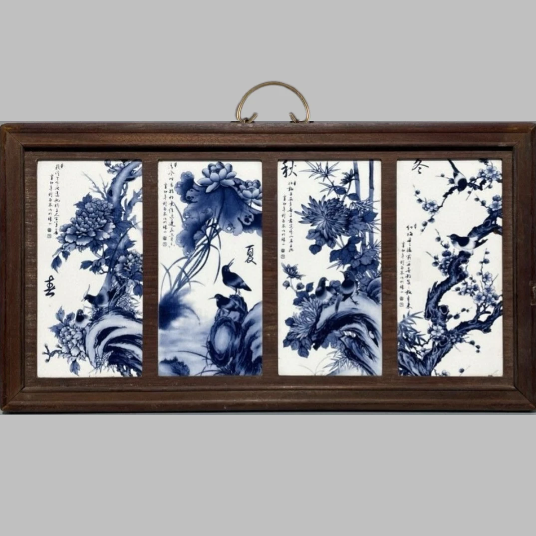 景德镇复古中式陶瓷框镶精品青花花鸟春夏秋冬复古大号瓷板画家居