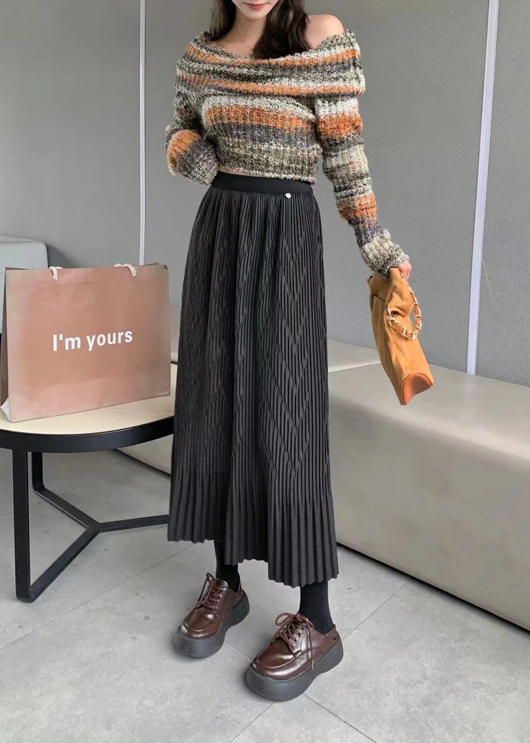 长款百褶裙百搭中长款气质休闲宽松显瘦高腰A字条纹时尚黑色复古