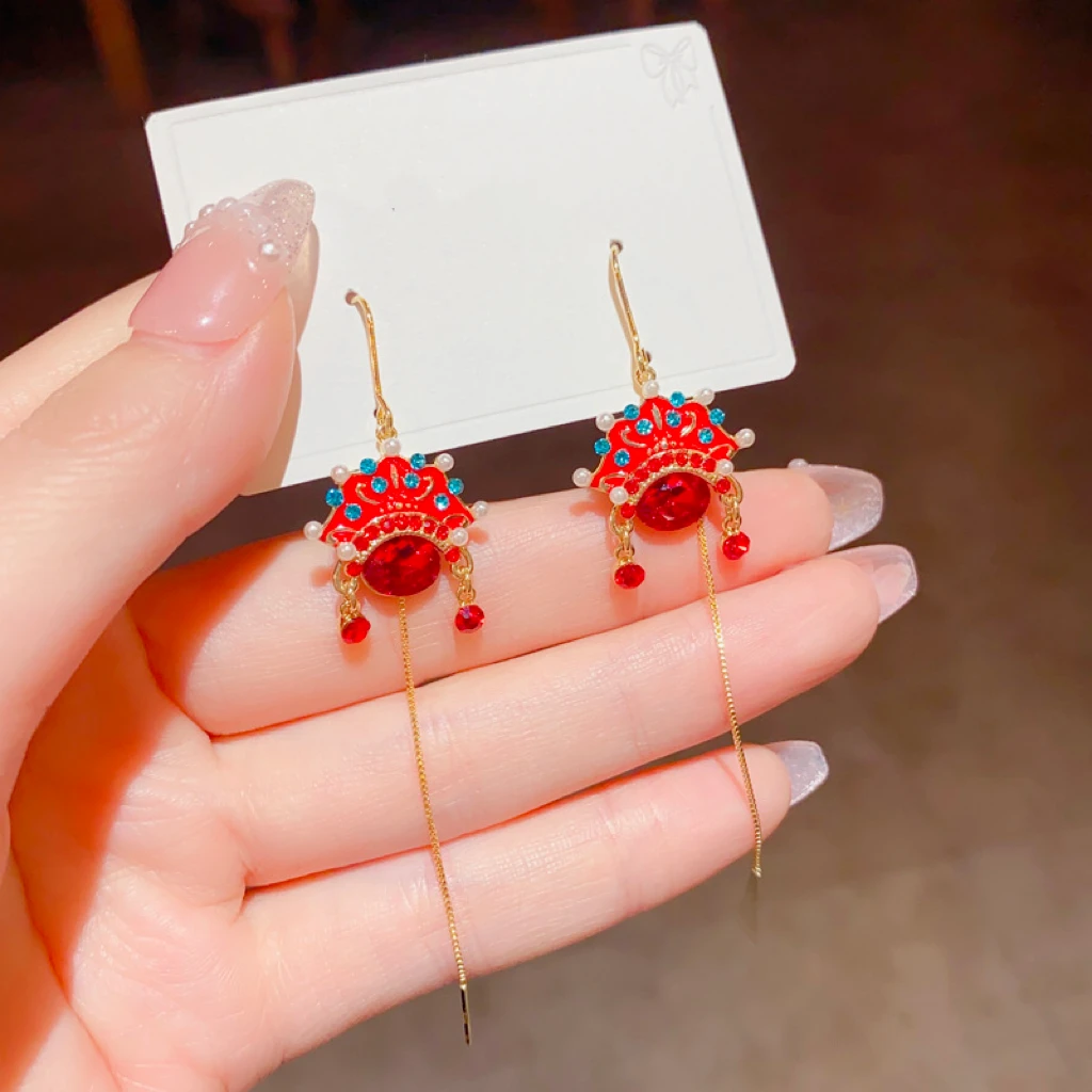 铜合金耳饰 2024年新款中国民族风京剧脸谱长款耳线流苏耳坠耳饰