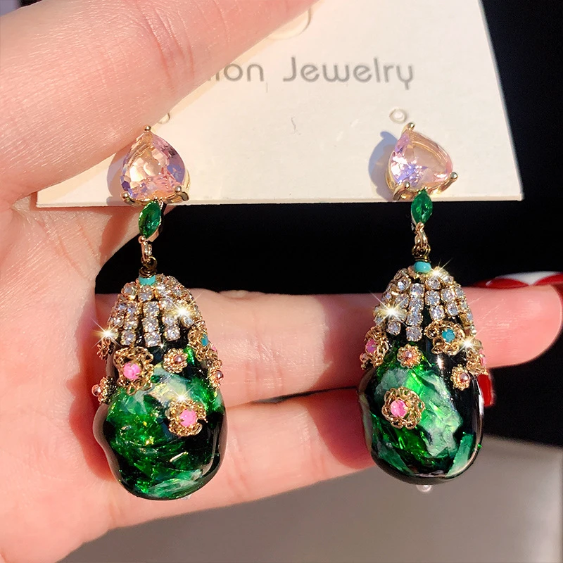 铜合金耳饰 法式复古轻奢复古绿古宫廷风高级气质设计师耳环 MH