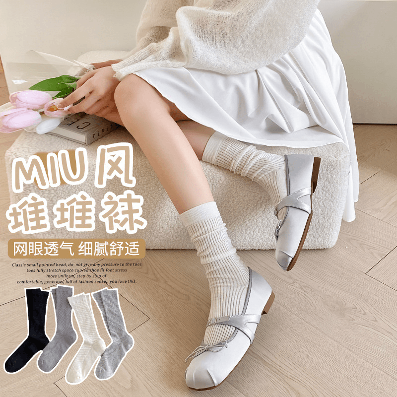 袜子女夏季薄款白色堆堆袜夏中筒高筒miumiu长筒夏天棉袜月子长袜