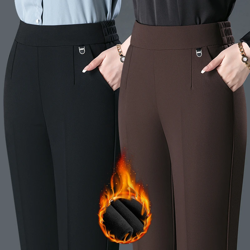 2024冬季加绒加厚妈妈直筒裤外穿洋气休闲裤高腰保暖棉裤长裤大码