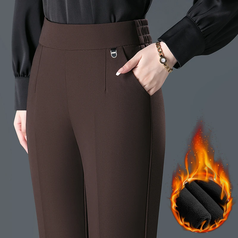 冬季加绒加厚外穿保暖中老年妈妈直筒裤宽松高腰洋气休闲裤大码