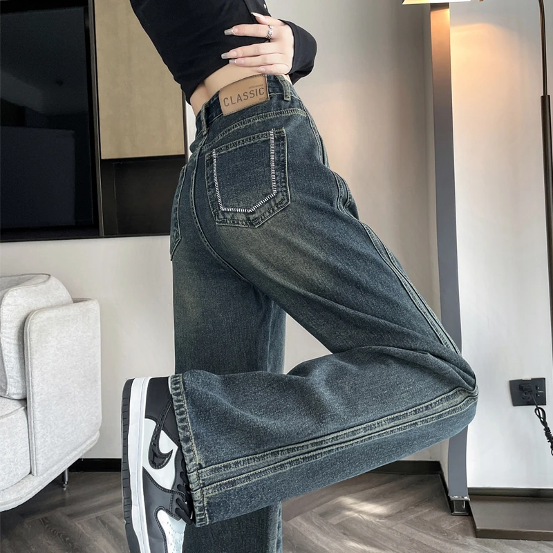 春季水泥灰阔腿裤女高腰宽松显瘦百搭新款复古直筒牛仔裤拖地裤