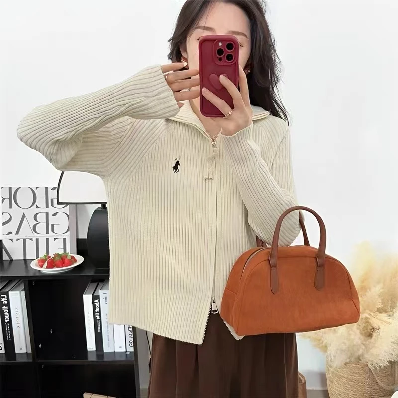 秋冬新款韩版竖条刺绣小马拉链长袖宽松百搭休闲针织开衫女02