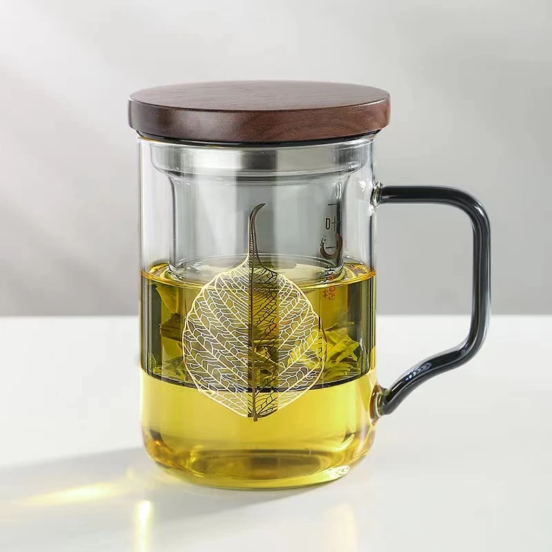 一叶一菩提办公三件杯喝水杯子400ml茶杯玻璃过滤茶水杯耐热带盖