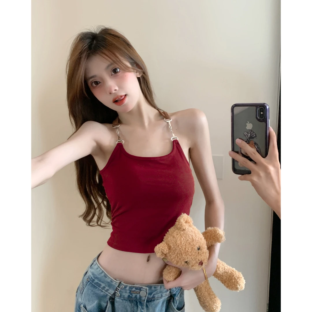 春夏甜辣链条设计感带胸垫外穿无袖吊带背心修身显瘦女上衣通勤