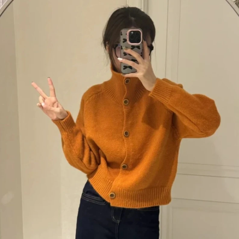 高领针织开衫女2024秋冬季新款复古韩系慵懒风高级感宽松毛衣