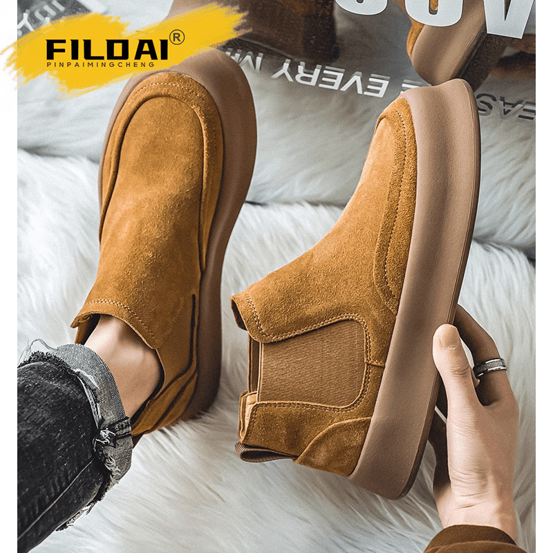 FILDAI潮牌马丁靴男春季复古翻毛皮男鞋厚底工装板鞋真皮切尔西靴