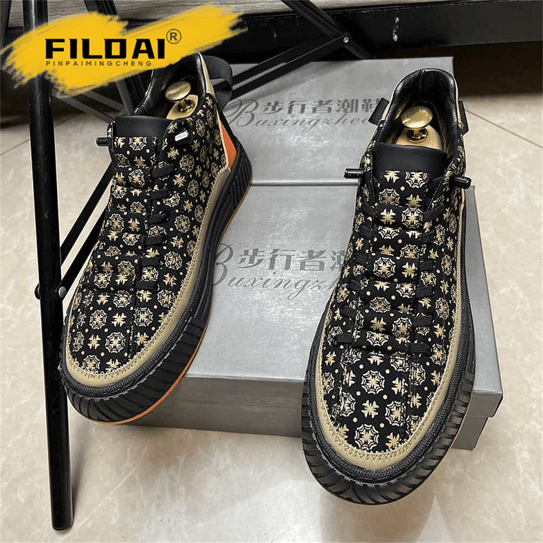 fildai 轻奢老花高帮休闲板鞋男春秋季新款韩版时尚百搭一脚蹬男鞋