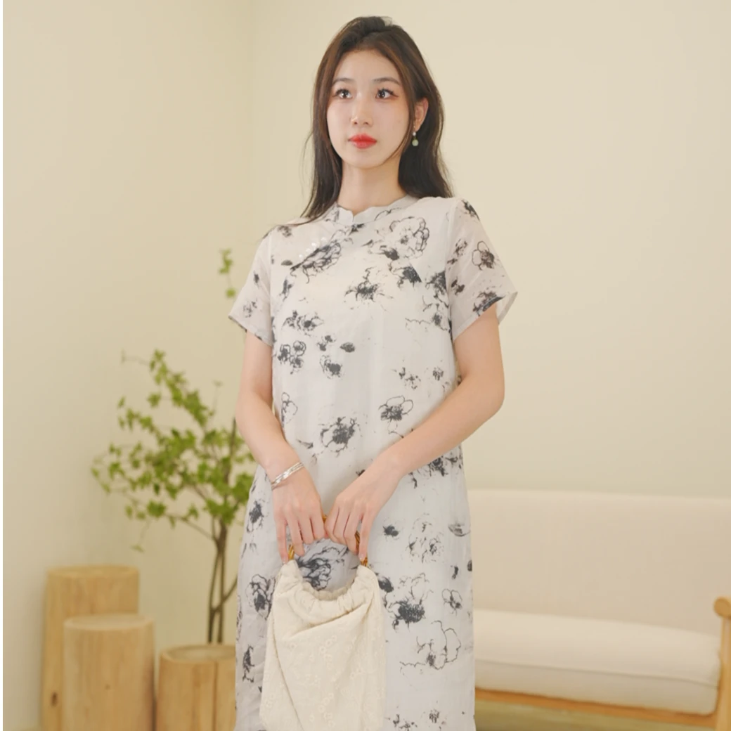 松烟入墨 2024夏新款苎麻女装文艺复古立领短袖长款旗袍裙女
