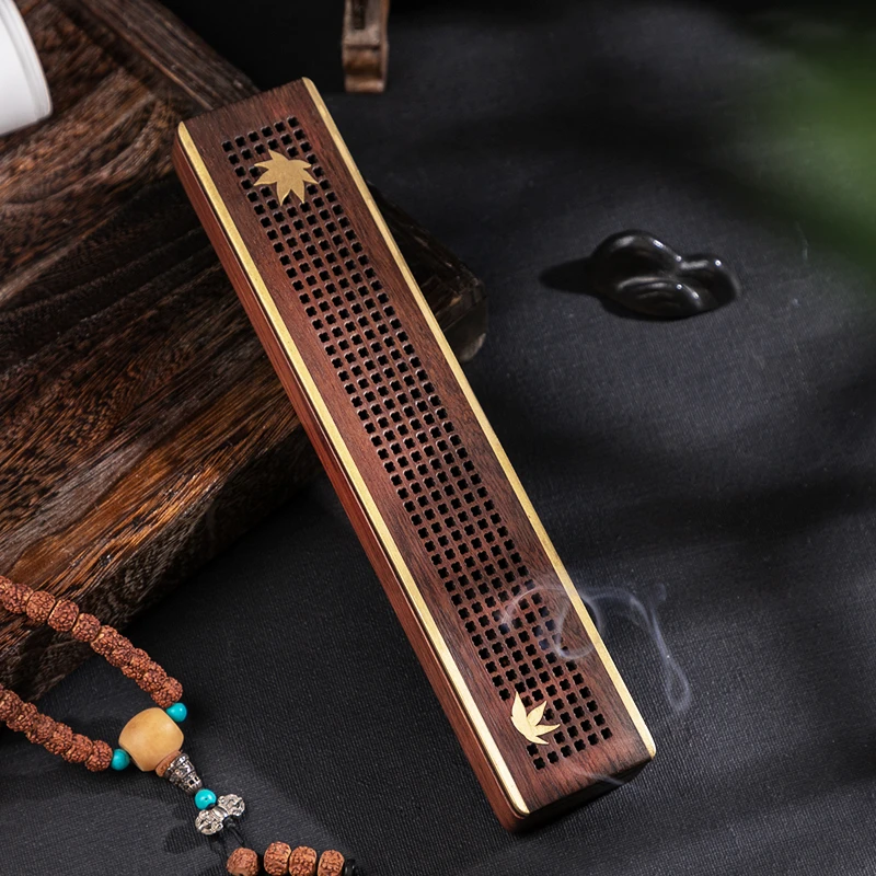 美真香 线香盒卧香盒枫叶镂空酸枝木镂空金边线香盒