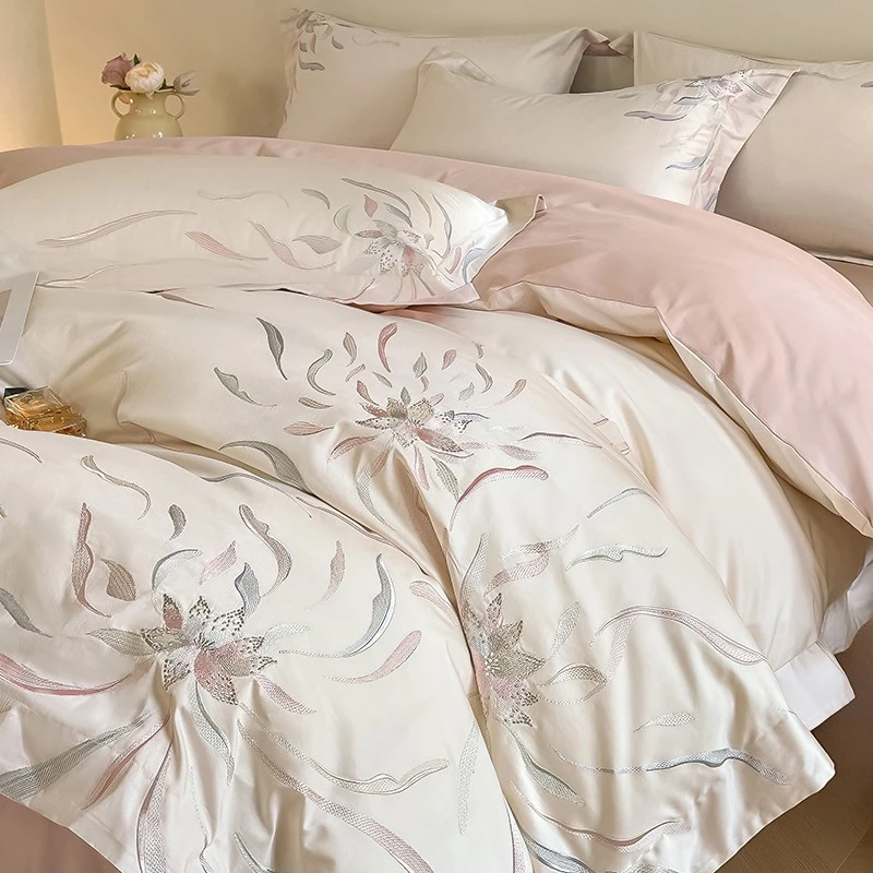 全棉刺绣四件套2024新款纯棉轻奢被套套件家用床单床笠款