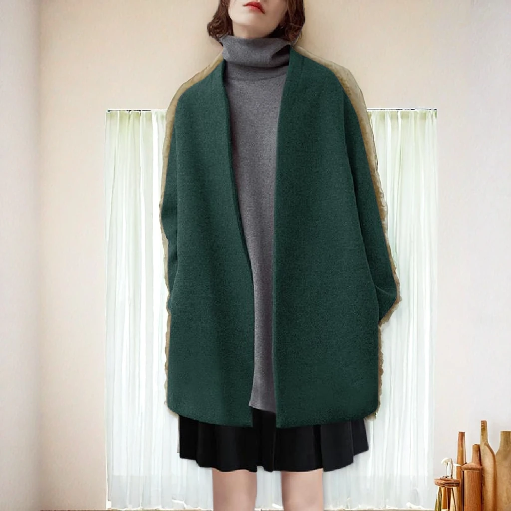 欧美复古绿气质羊毛呢外套女2024春冬新款小个子零羊绒呢子大衣