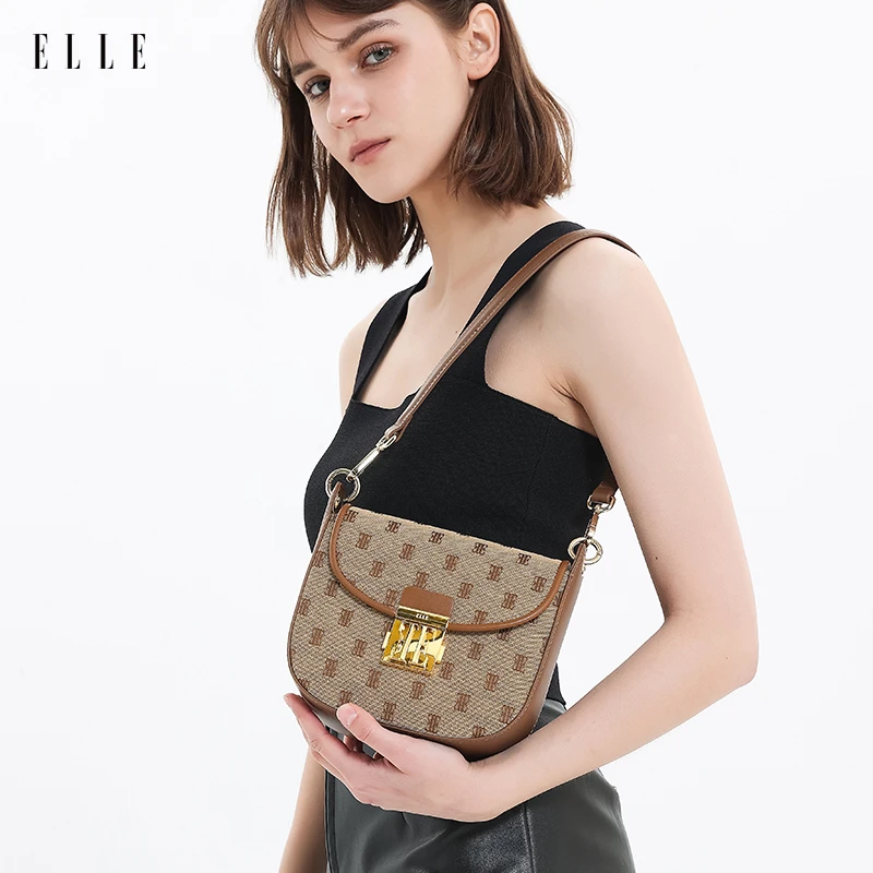ELLE24年春夏新款老花马鞍包单肩时尚休闲小众印花腋下【主】46011