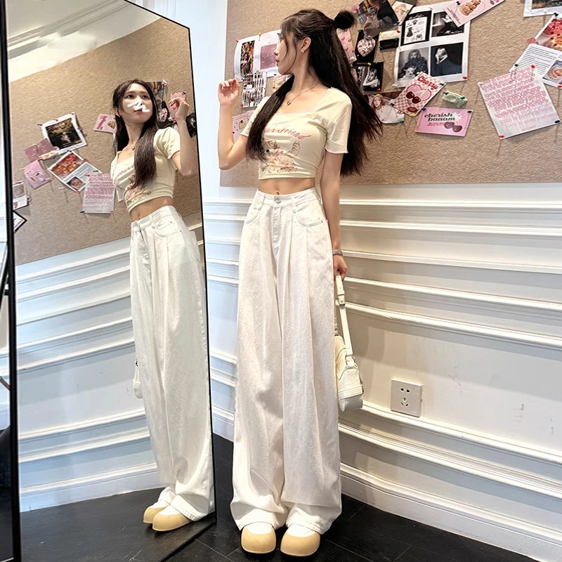 白色褶皱垂感阔腿牛仔裤女高腰显瘦秋季休闲宽松百搭直筒拖地裤子