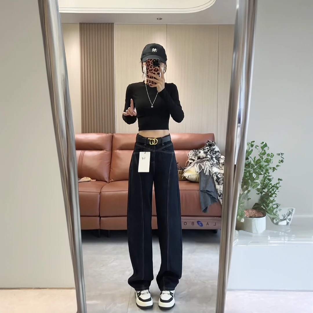丹宁蓝牛仔弯刀裤女高腰显瘦2025秋冬加绒拼接百搭宽松阔腿镰刀裤