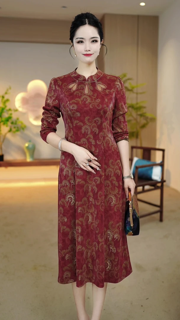 2024春秋新款气质妈妈显瘦装旗袍中长款妈妈装连衣裙ZRF-24946