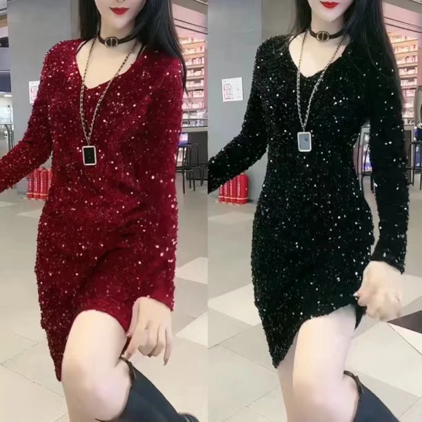 时尚长袖气质显瘦修身收腰连衣裙