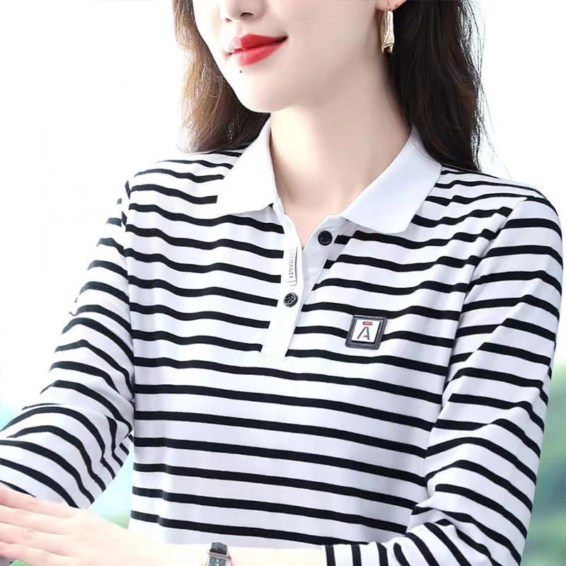 901黑白条纹时尚妈妈装上衣条纹polo衫女士休闲春秋翻领长袖t恤