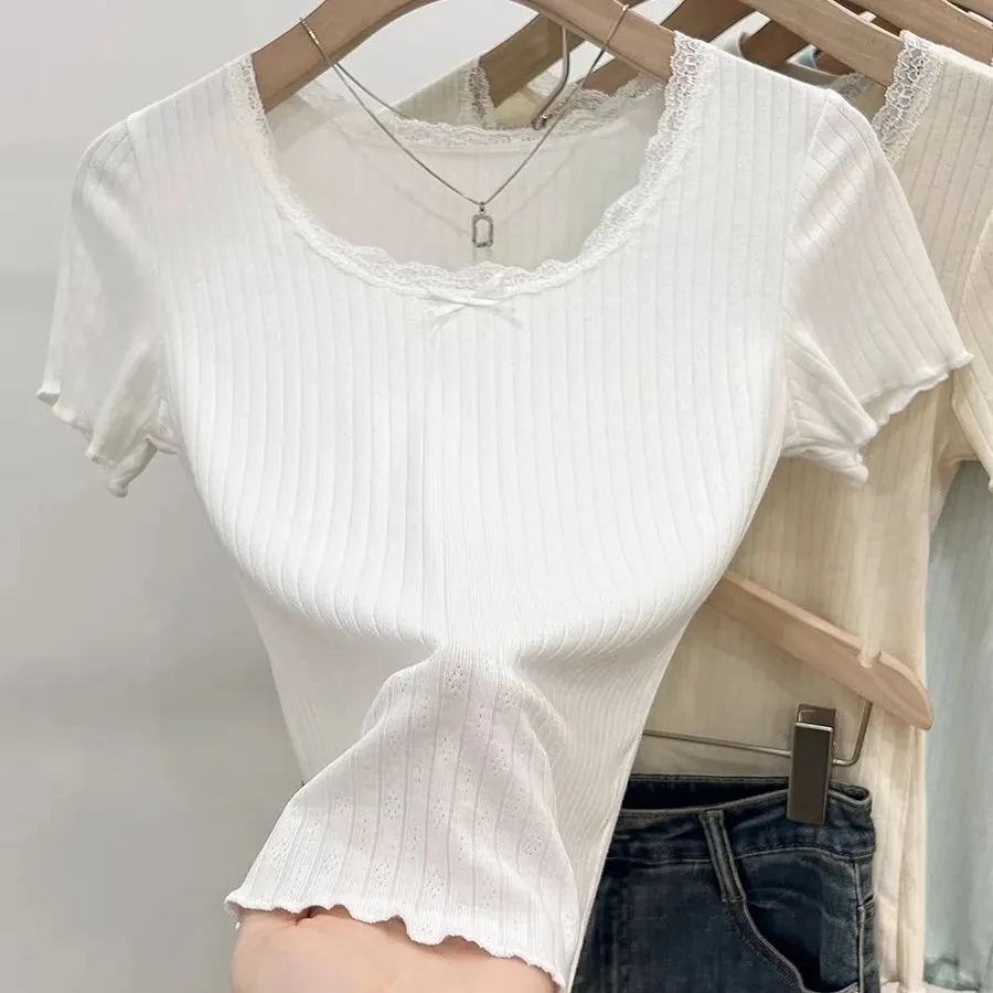 纯欲风蕾丝花边白色短袖T恤夏季女装大码微胖mm显瘦修身短款上衣