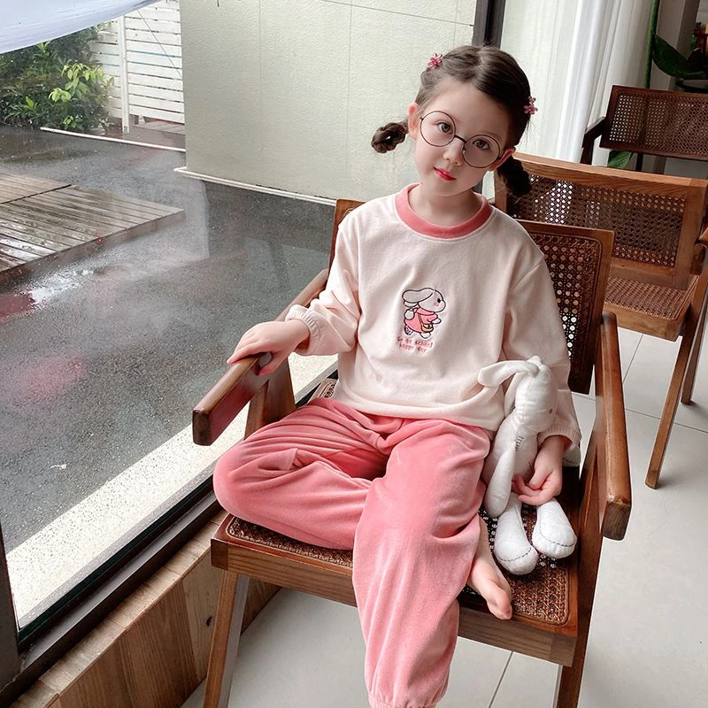 儿童海岛绒睡衣2024新款冬季中大童加绒加厚保暖男女童家居服套装