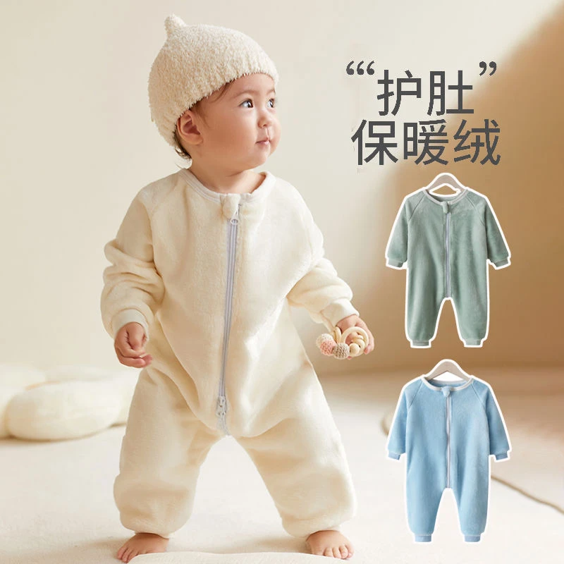 婴儿睡衣秋冬装法兰绒男女宝宝法兰绒连体拉链睡袋加绒保暖家居服