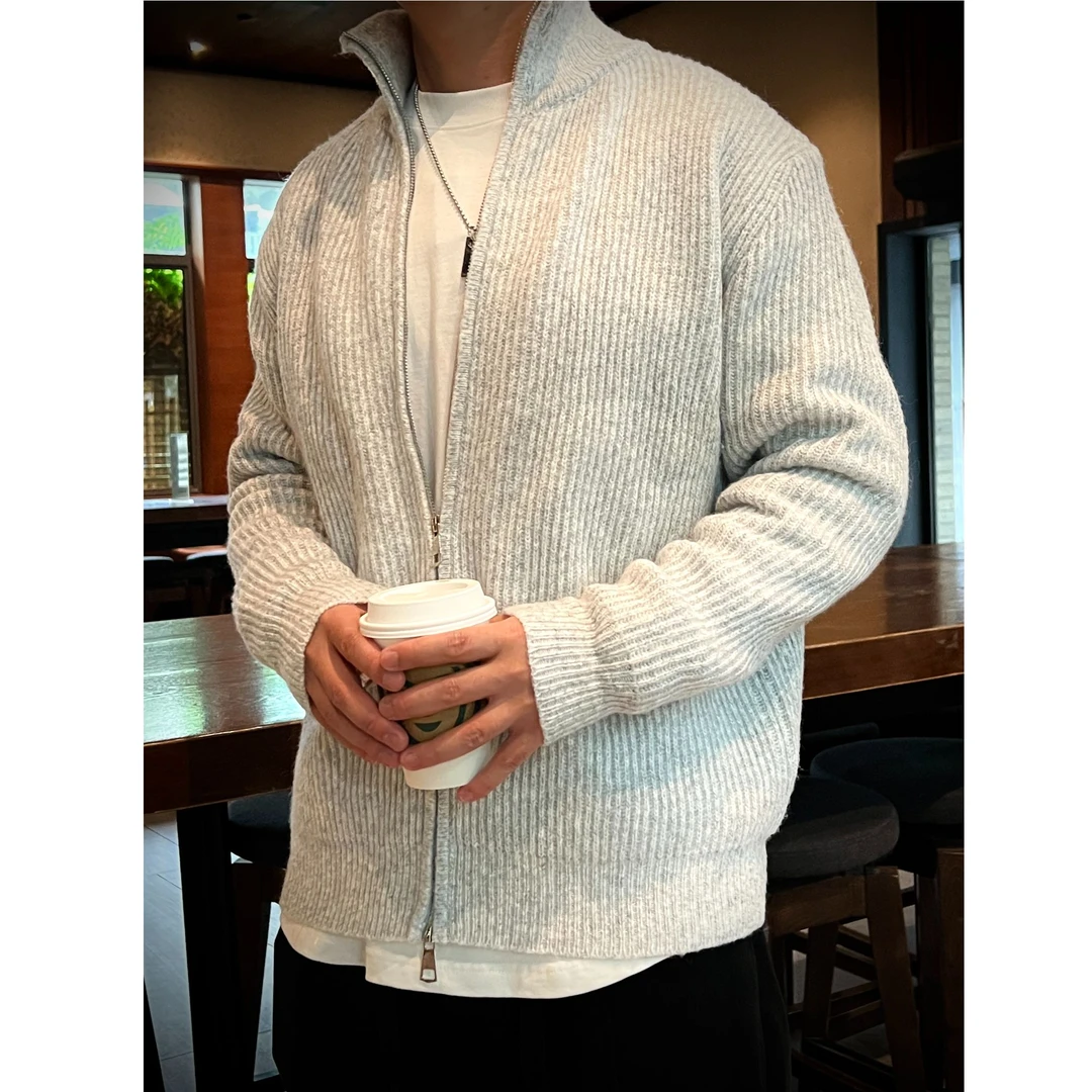 XISOO 半高领双拉链开衫毛衣秋冬季慵懒风休闲针织衫宽松立领外套