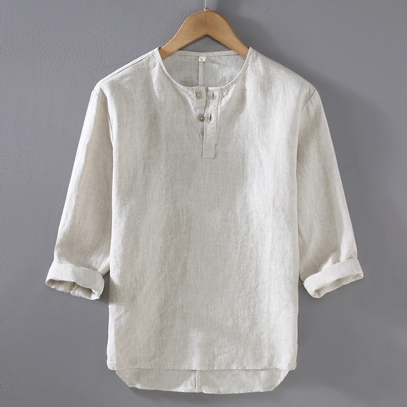 中国风男士色织纯亚麻7七分半袖T恤麻布男装新中式全麻料中袖体恤