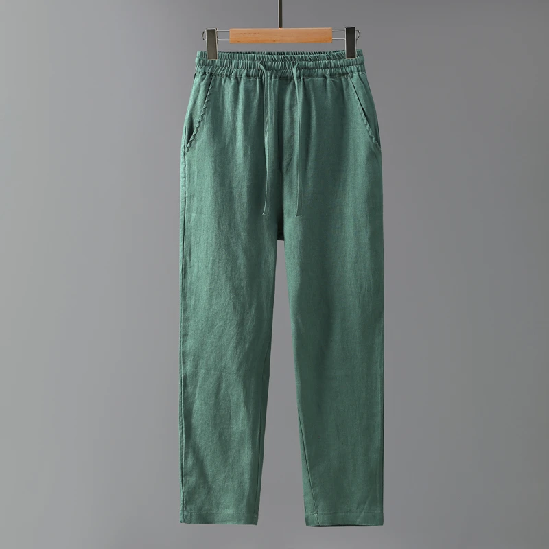 中国风松紧腰系带纯亚麻休闲裤男复古纯色大码百搭全麻面料长裤潮