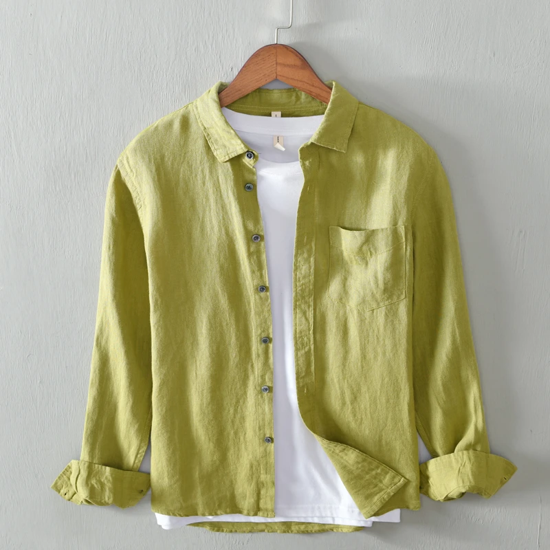 男士白色长袖衬衫纯亚麻男装日系休闲潮流全麻布料衬衣春夏寸衫男