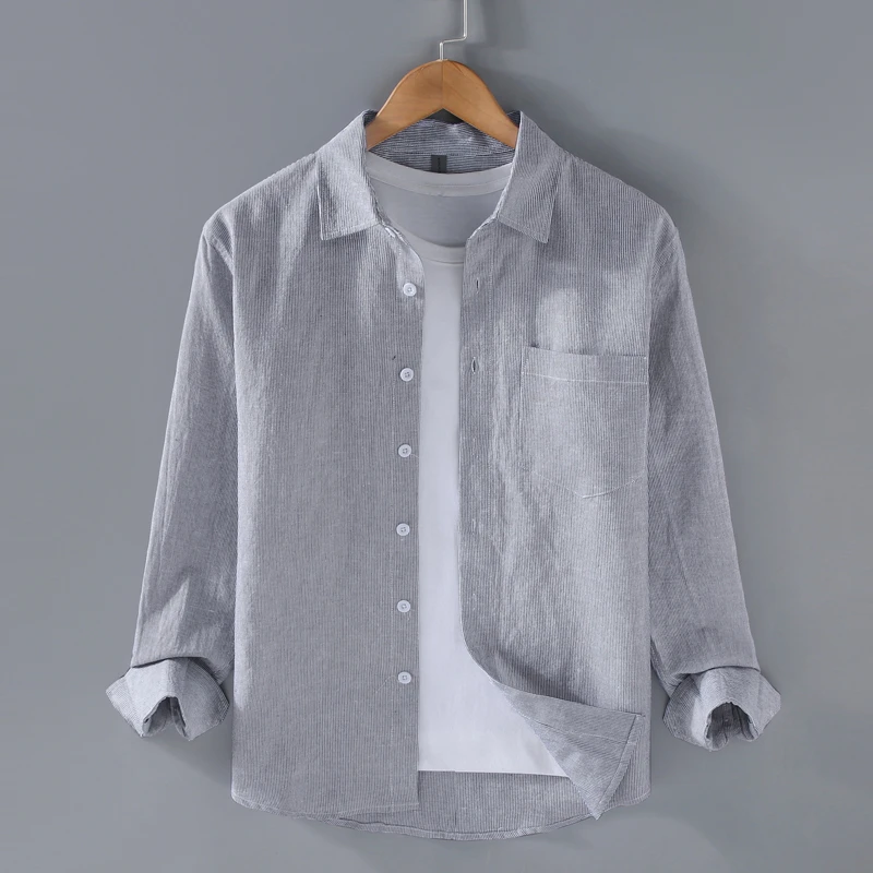 亚麻长袖纯色衬衫男春夏季潮流休闲棉麻布料透气百搭衬衣宽松寸衫