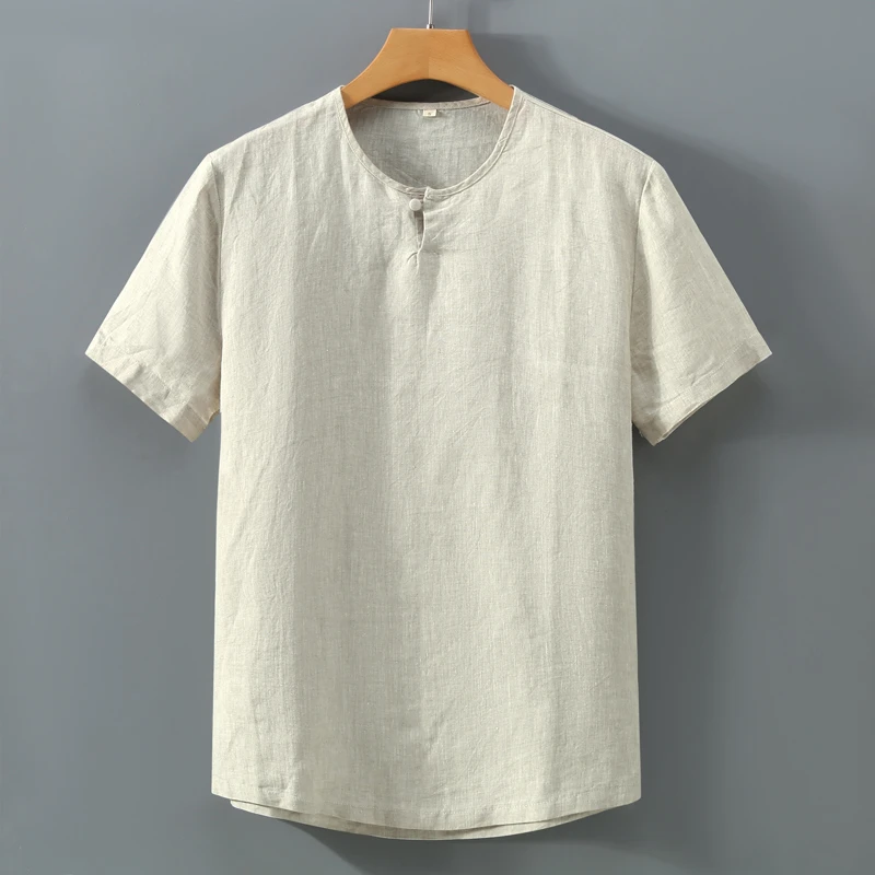 中国风男士纯亚麻白色短袖T恤麻布男装100%全亚麻面料复古透气潮t