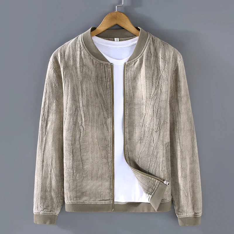 棒球领苎麻夹克潮男士春秋新款潮流暗皱棉麻布料宽松休闲亚麻外套