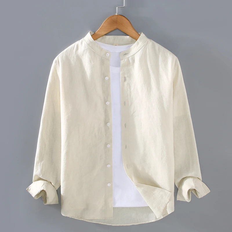 纯亚麻立领长袖衬衫麻布男装春夏棉麻布料衬衣纯色百搭防晒上衣服