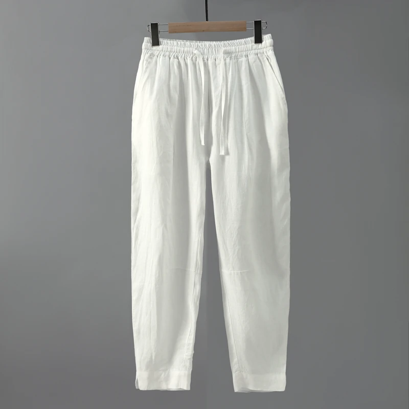 轻奢纯亚麻白色休闲裤男复古大码松紧系带全亚麻布面料纯色长裤男
