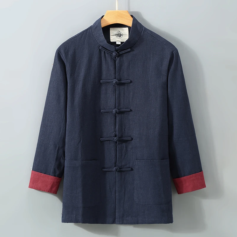 中国风男士亚麻长袖衬衫外套麻布男装复古盘扣棉麻布料衬衣褂子男