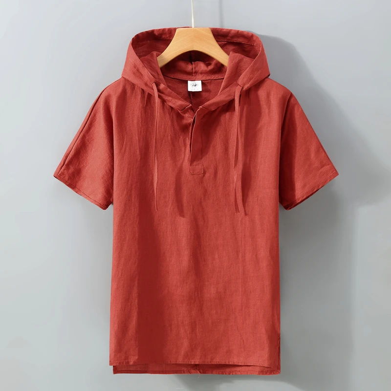 新中式国风复古纯亚麻男士短袖连帽T恤轻奢高端全麻布料体恤衫潮t