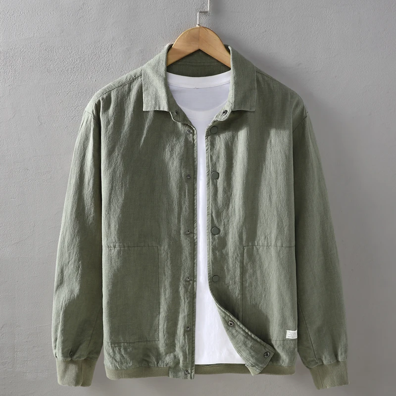 2025春天新款亚麻夹克外套麻布男装商务休闲棉麻布料透气褂子外衣