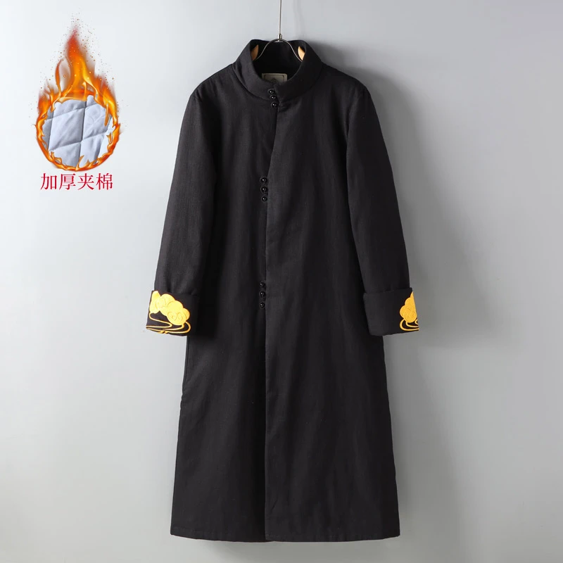改良新中式男士亚麻长款羽绒棉服中国风加厚保暖刺绣袄子棉衣外套