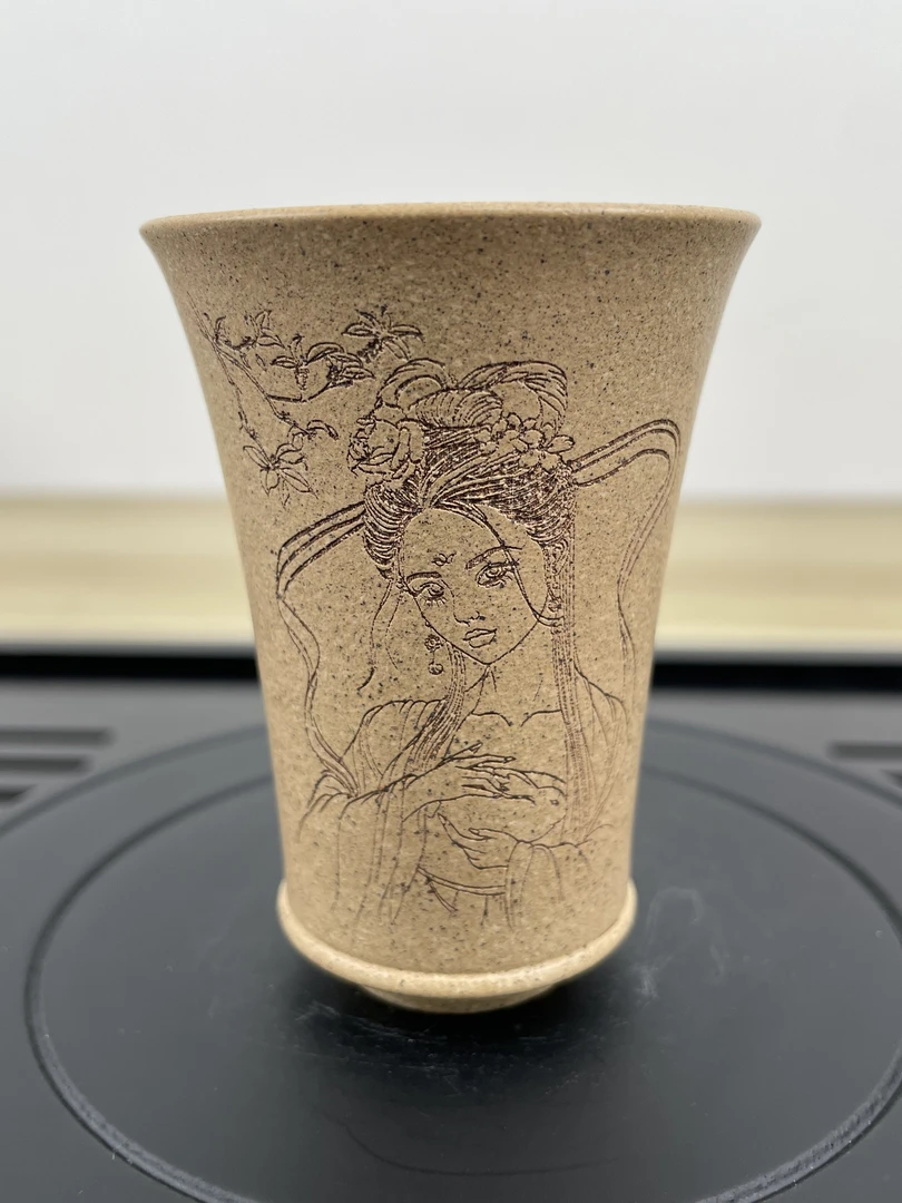 宜兴原矿紫砂全手工刻绘美人图系列 个性创意高档闻香主人杯100cc