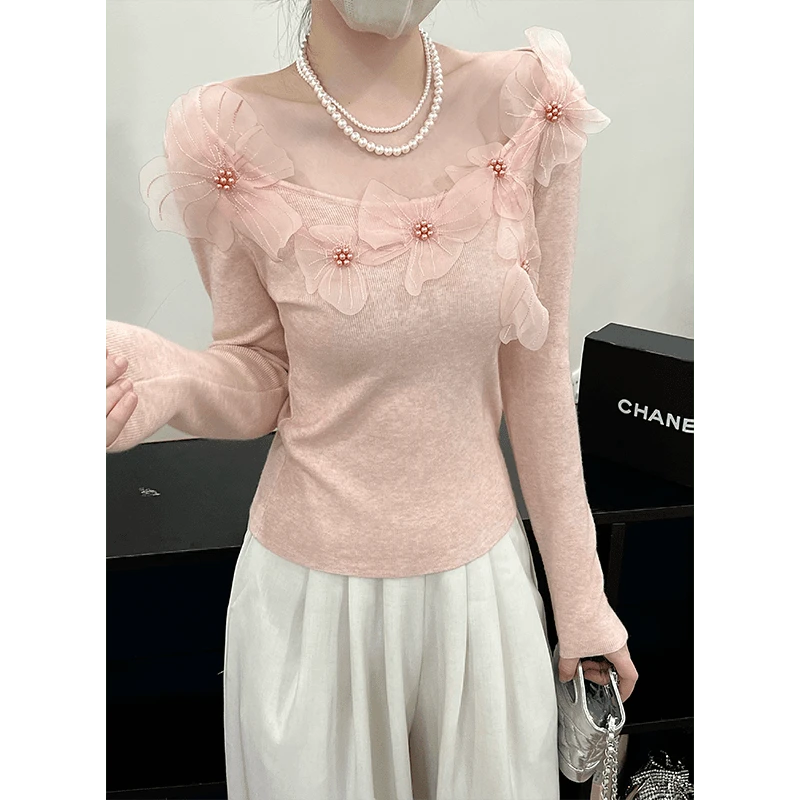 秋季新款！6170#设计感立体花朵修身针织衫小众纯欲百搭显瘦毛衣