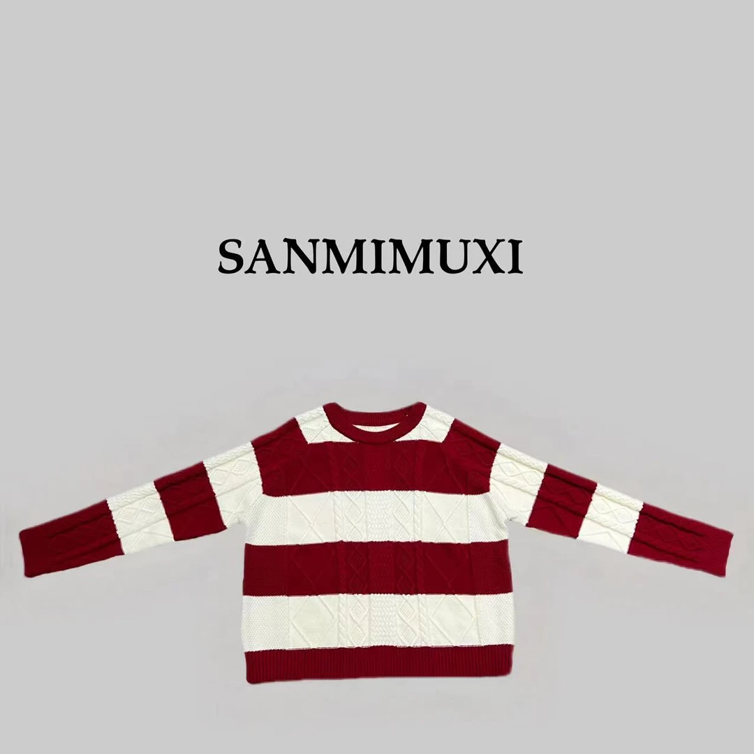 SANMI/叁米  【氛围感】麻花红色条纹套头毛衣 1335