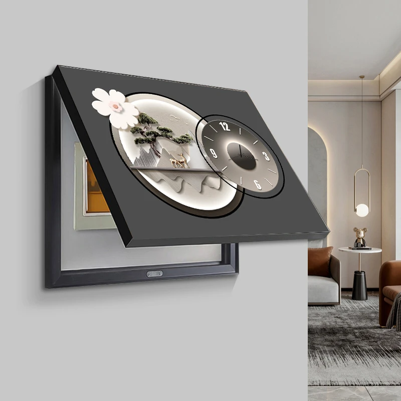 电表箱装饰画钟表配电箱遮挡免打孔现代简约新款时钟挂画轻奢风景